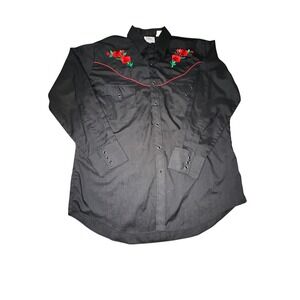 Ely Diamond Mens Black Western Snap Shirt Red Rose Embroidery XL